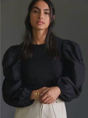 Anthropologie Black Puff-Sleeve Sweatshirt